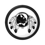 Native Art / First Nations Art Wall Clock in black & white Original Spirit Buffalo Native Art First Nations Gifts & Shirts art & design by Canadian Metis Artist / Designer Kim Hunter custom imprinted First Nations gifts & apparel available.