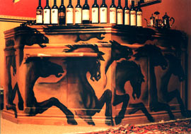 horses wildlife mural on a bar for Diavlo's Restaurant Vancouver BC Commercial Mural Wall Painting Oil on wood original painting by muralist Kim Hunter aka INDIGO Vancouver BC