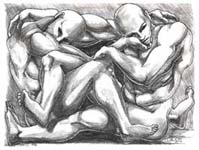 Male nudes pencil sketch conceptual pencil drawing of two guys entwined  by contemporary Canadian Artist INDIGO aka Kim Hunter pencil drawing  by Canadian Vancouver BC Artist INDIGO aka Kim Hunter Pencil Sketches / Drawings / Illustration Flowers Wildlife Landscapes Sketches Ink Drawings & Original Art & illustration landscape sketches, wildlife, nudes, people, portraits, pets, Art & Design Pencil, graphite & ink sketches & drawings by Kim Hunter freelance professional artist