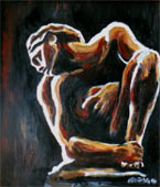 abstract painting Rodin's crouching woman in a  rough impressionist painting