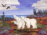 ARCTIC wildlife painting  Mother Polar Bear with two Cubs on the Autumn Tundra painting on paper Churchill MB Original Painting Click on Image for Detail