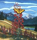 Wildlife Paintings butterfly painting with moose painting Original Butterfly and Fireweeds in the Alberta Foothills with Wildflowers Painting   by artist INDIGO / Kim Hunter   Click on Image for Detail