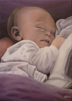 Custom painted baby portrait on canvas from photograph. Painting in oil of sleeping baby Custom painted portaits from photos by Vancouver artist / designer Kim Hunter avaliable.