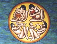 Native Art, Mother & Child Painting, rising son First Nations painting arctic art by canadian artist Kim Hunter / Indigo